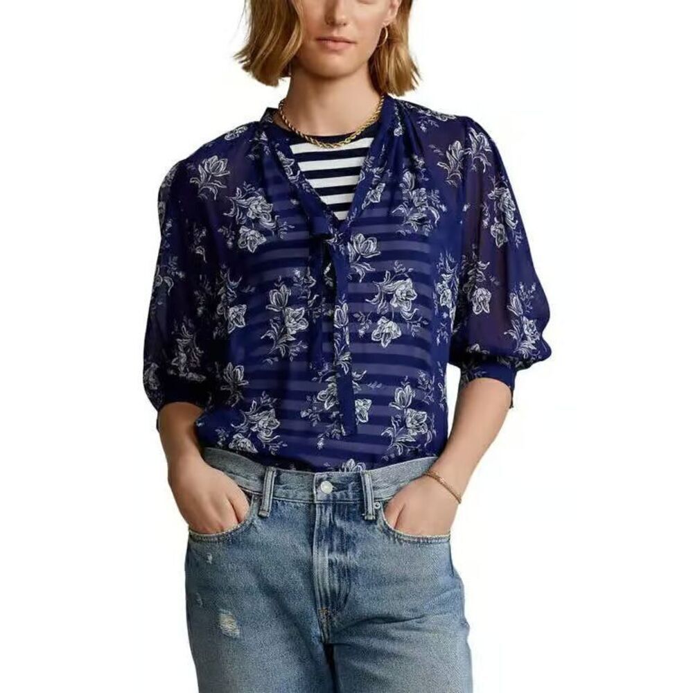 New POLO RALPH LAUREN Floral Georgette Tie Neck Blouse Top in Navy Size XS